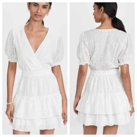 WAYF Women's Sz M White Reese Smocked Waist Tiered Eyelet Cotton Mini Dress - Picture 15 of 15